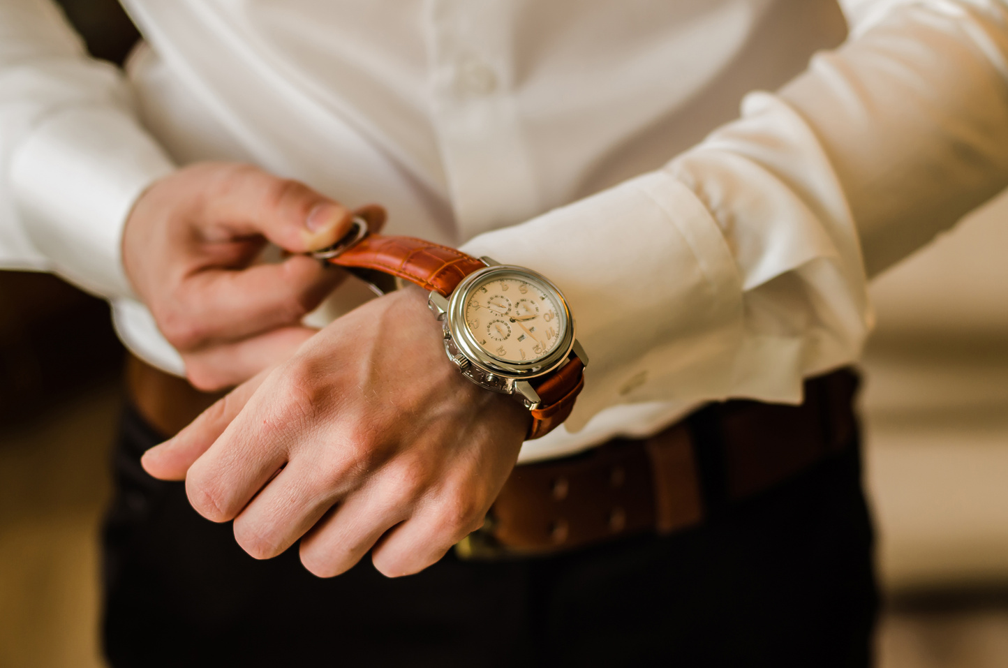 Groom Wearing Leather Watch Closeup